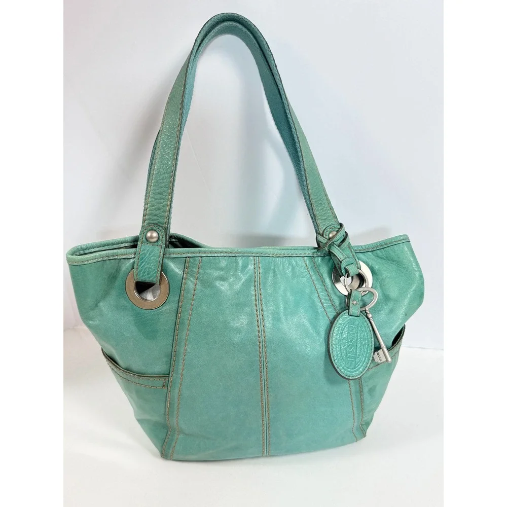 Fossil Teal Hathaway Leather Shoulder Bag Tote Key Charm ZB9385